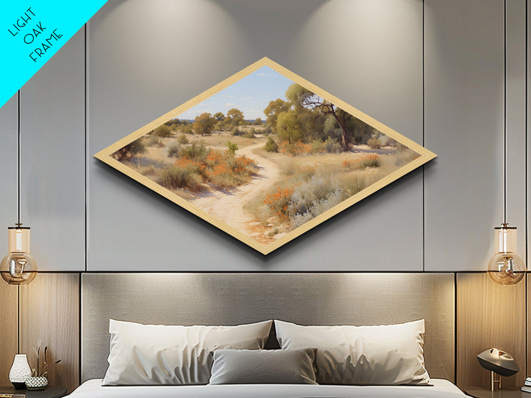 Desert Blossom Trail Diamond Shaped Canvas Embossed Print natural warm toned arid path art soft toned countryside landscape decor