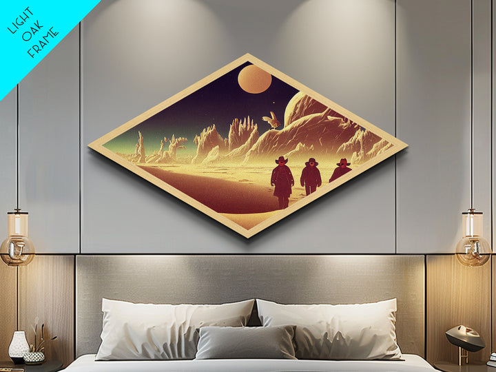 Surreal Desert Travelers Diamond Shaped Canvas Art Print sci-fi western moonscape fantasy terrain illustration cowboy outer space