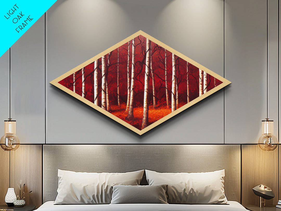 Crimson Birch Serenity Diamond Shaped Canvas Textured Print woodland red forest wall art nature painting rustic decor autumn tree scene