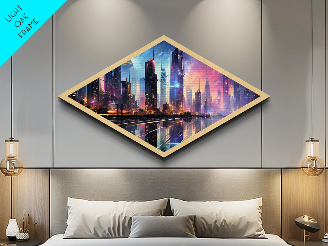 Neon Skyline Dreams Diamond Shaped Canvas Textured Print futuristic cyberpunk cityscape urban skyline glowing night downtown wall art