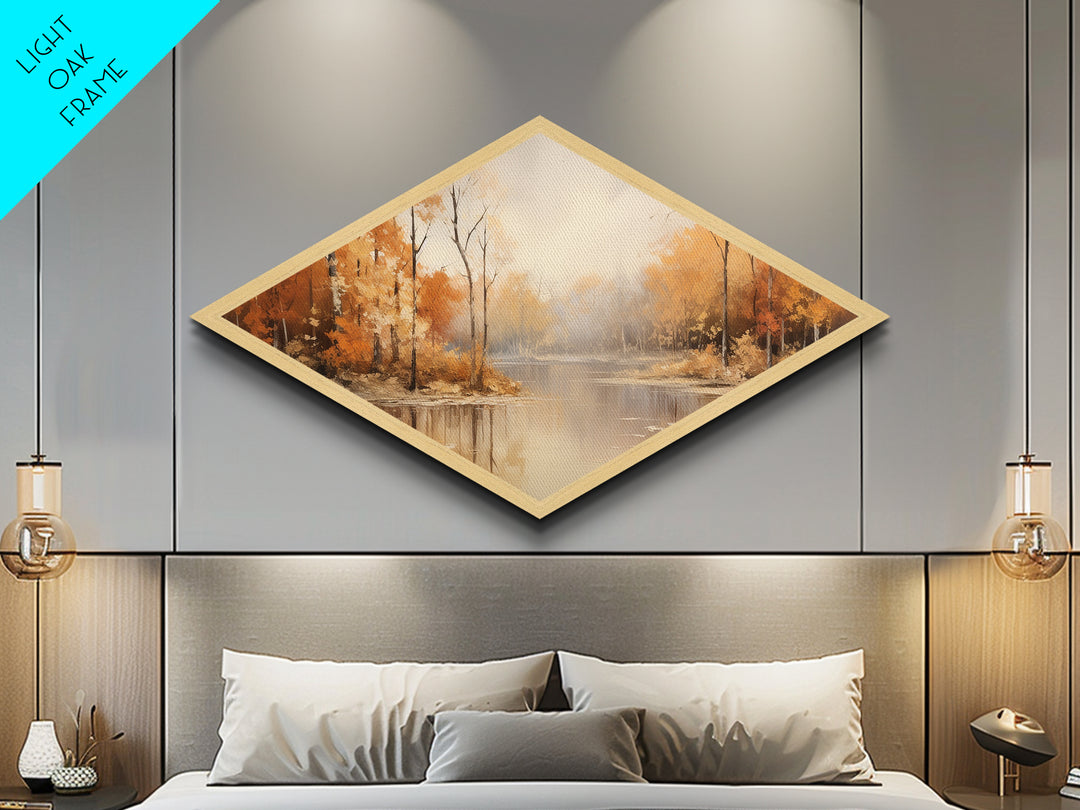 Autumn River Mist Diamond Shaped Canvas Textured Print fall foliage forest lake reflection tranquil landscape nature orange wall decor