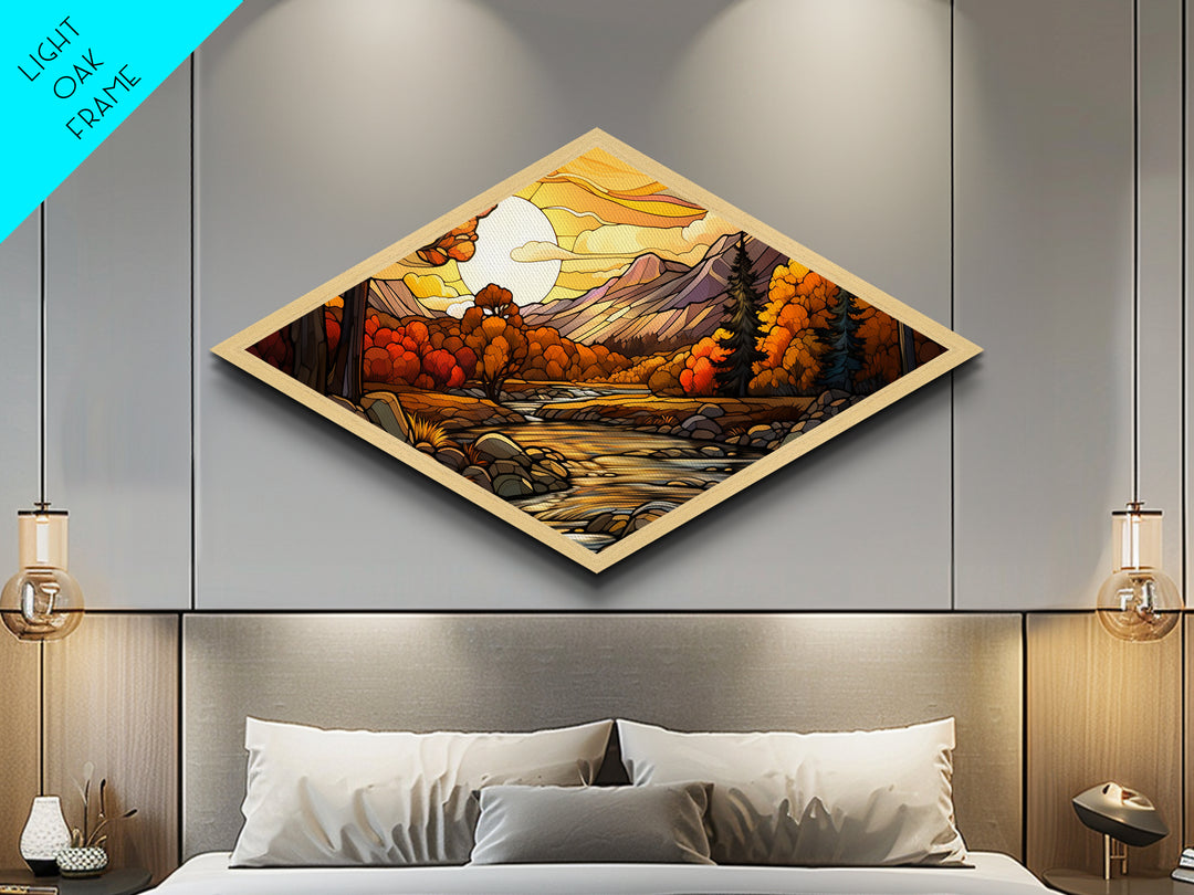 Diamond Shaped Autumn Gold Forest Canvas Textured Print Fall Leaves Landscape Misty Woodland Home Wall Decor Seasonal Nature Scene