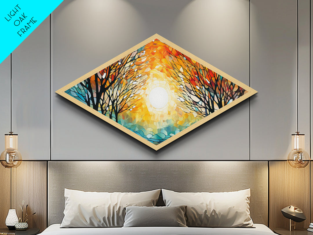 Diamond Shaped Sunset Tree Light Canvas Embossed Print Autumn Forest Stained Glass Style Landscape Wall Art Golden Hour Illumination