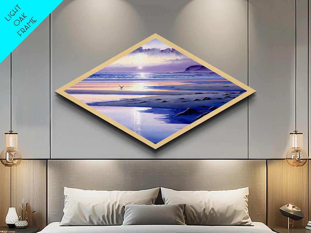 Pastel Coast Horizon – Diamond Shaped Tranquil Beach Scene, Serene Seaside Canvas Textured Print, Watercolor Ocean Wall Art