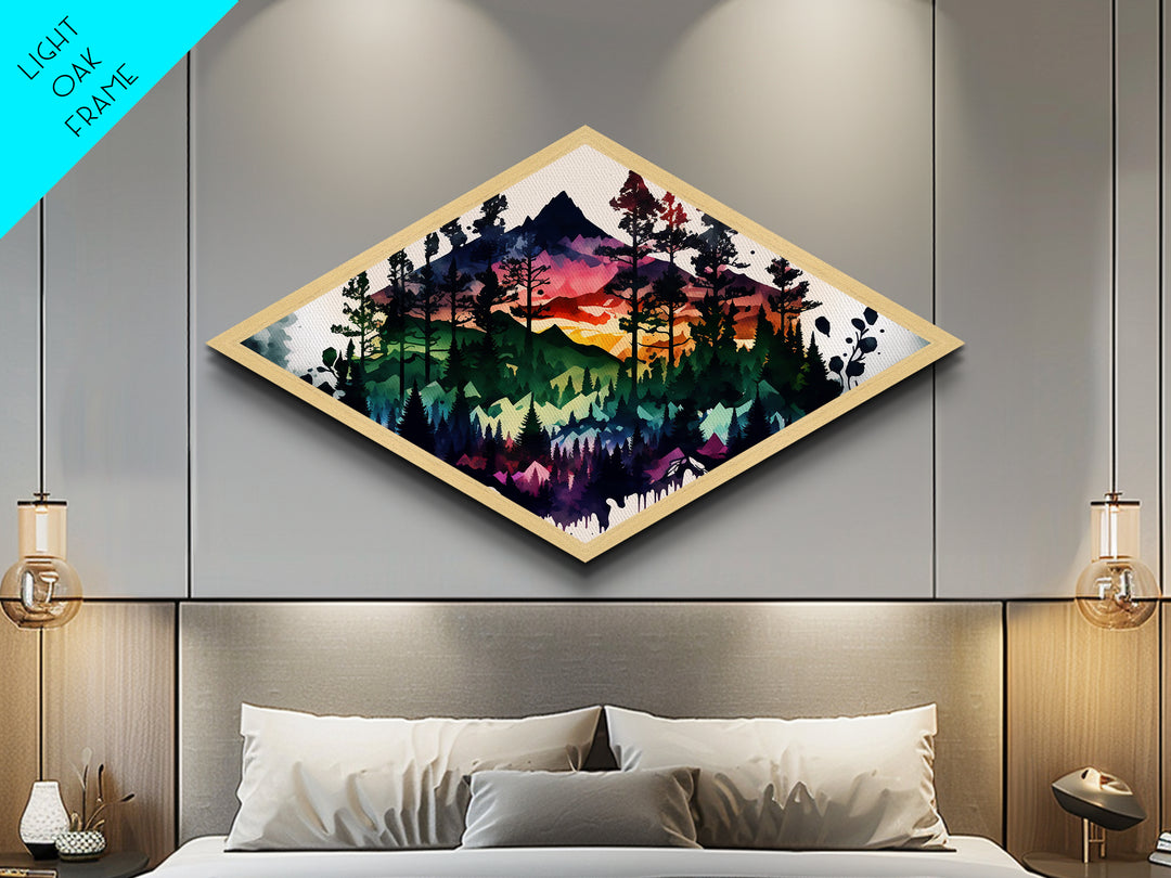 Vibrant Forest Silhouette – Diamond Shaped Mountain Sunset Canvas Textured Print, Abstract Nature Landscape Wall Art