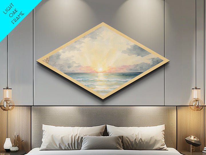 Serene Ocean Light – Diamond Shaped Pastel Seascape Canvas Textured Print, Soothing Sky and Waves Wall Decor Piece