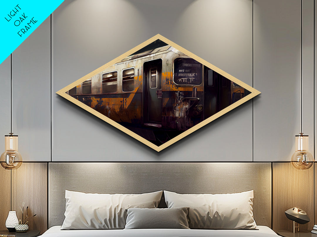 Rusted Transit Car – Diamond Shaped Urban Grunge Train Canvas Art Print, Industrial Railway Wall Decor in Retro Palette