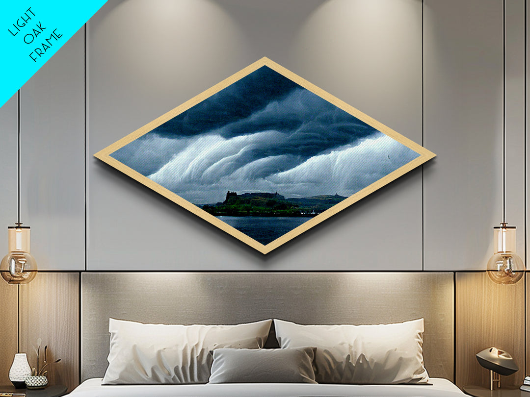 Storm Over Castle Diamond Shaped Dramatic Sky Canvas Art Print Thunderclouds Over Water Moody Landscape Gothic Fantasy Wall Decor
