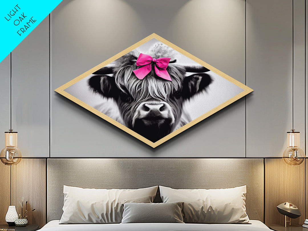 Diamond Shaped Highland Cow — Black and White Animal Portrait Canvas Textured Print, Farmhouse Decor, Pink Bow Nursery Art