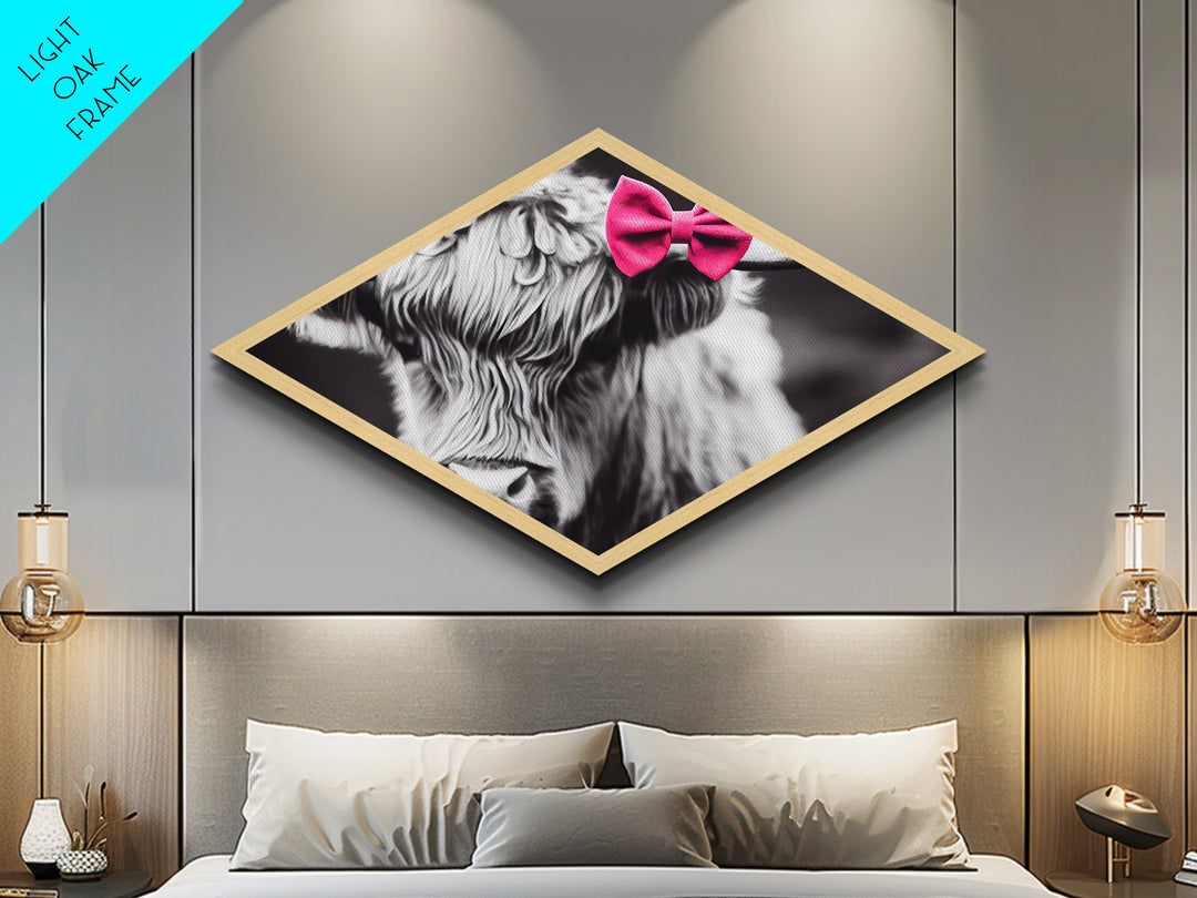Diamond Shaped Cow Detail — Cute Highland Cow Wall Art Canvas Embossed Print, Rustic Farm Animal Decor, Pink Bow Aesthetic
