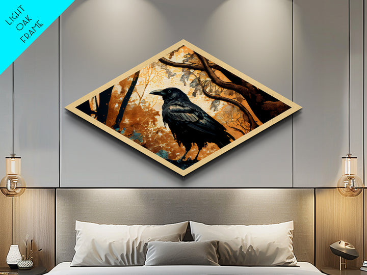 Diamond Shaped Autumn Raven — Dark Forest Bird Art Canvas Embossed Print, Gothic Nature Wall Decor, Mysterious Crow Theme