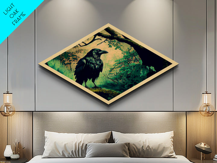 Diamond Shaped Forest Crow — Enchanted Woodland Raven Canvas Art Print, Mystical Bird Decor, Moody Nature Wall Hanging