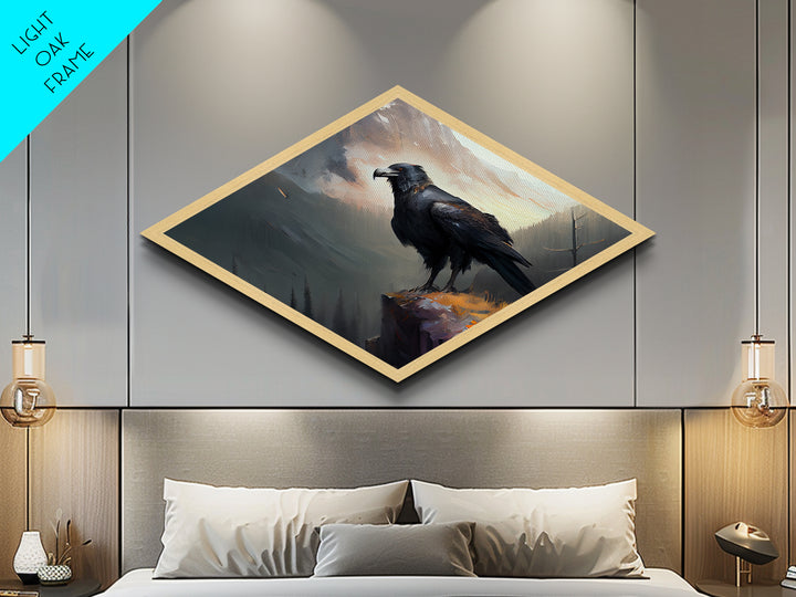Diamond Shaped Mountain Raven — Dramatic Wilderness Bird Canvas Textured Print, Misty Cliff Landscape Wall Decor, Crow Art
