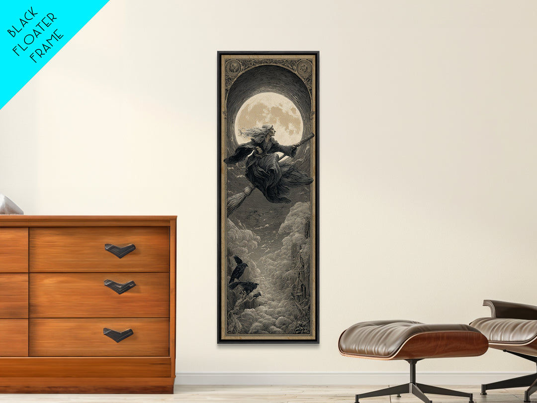 The Moonlit Witch, Gothic Engraving Art, Tall Narrow Wall Art, Dark Halloween Decor, Canvas Print, Halloween Wall Art