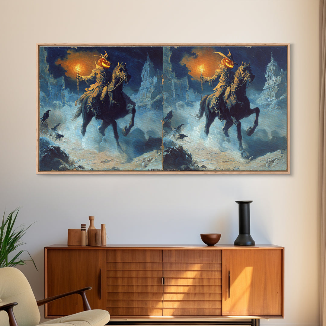 The Headless Horseman, Apocalyptic Romantic Art, Wide Panoramic Art, Gothic Horror Wall Art, Framed Canvas Print, Halloween Wall Art