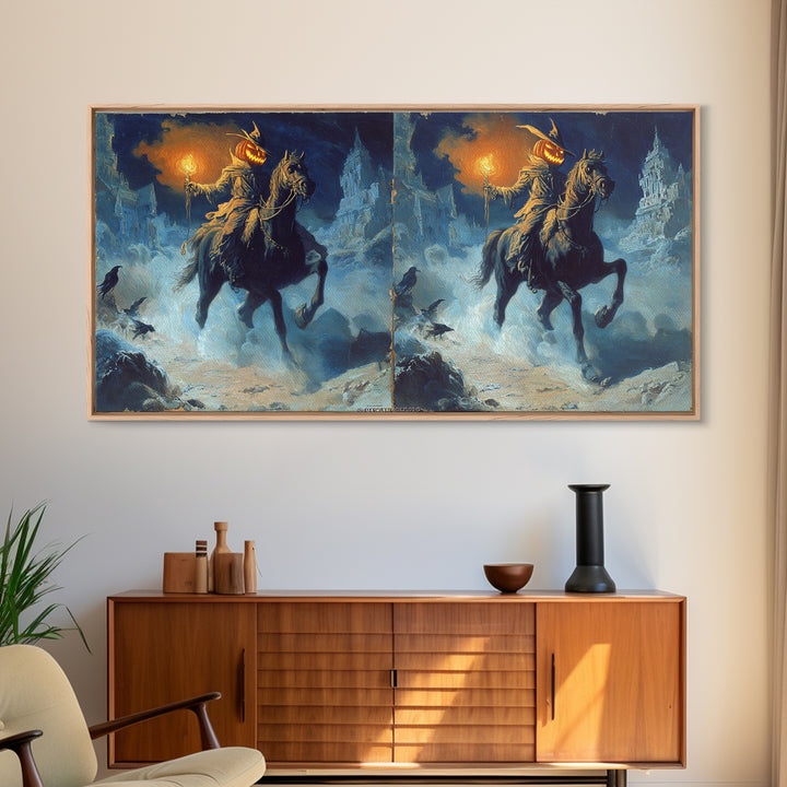 The Headless Horseman, Apocalyptic Romantic Art, Wide Panoramic Art, Gothic Horror Wall Art, Framed Canvas Print, Halloween Wall Art