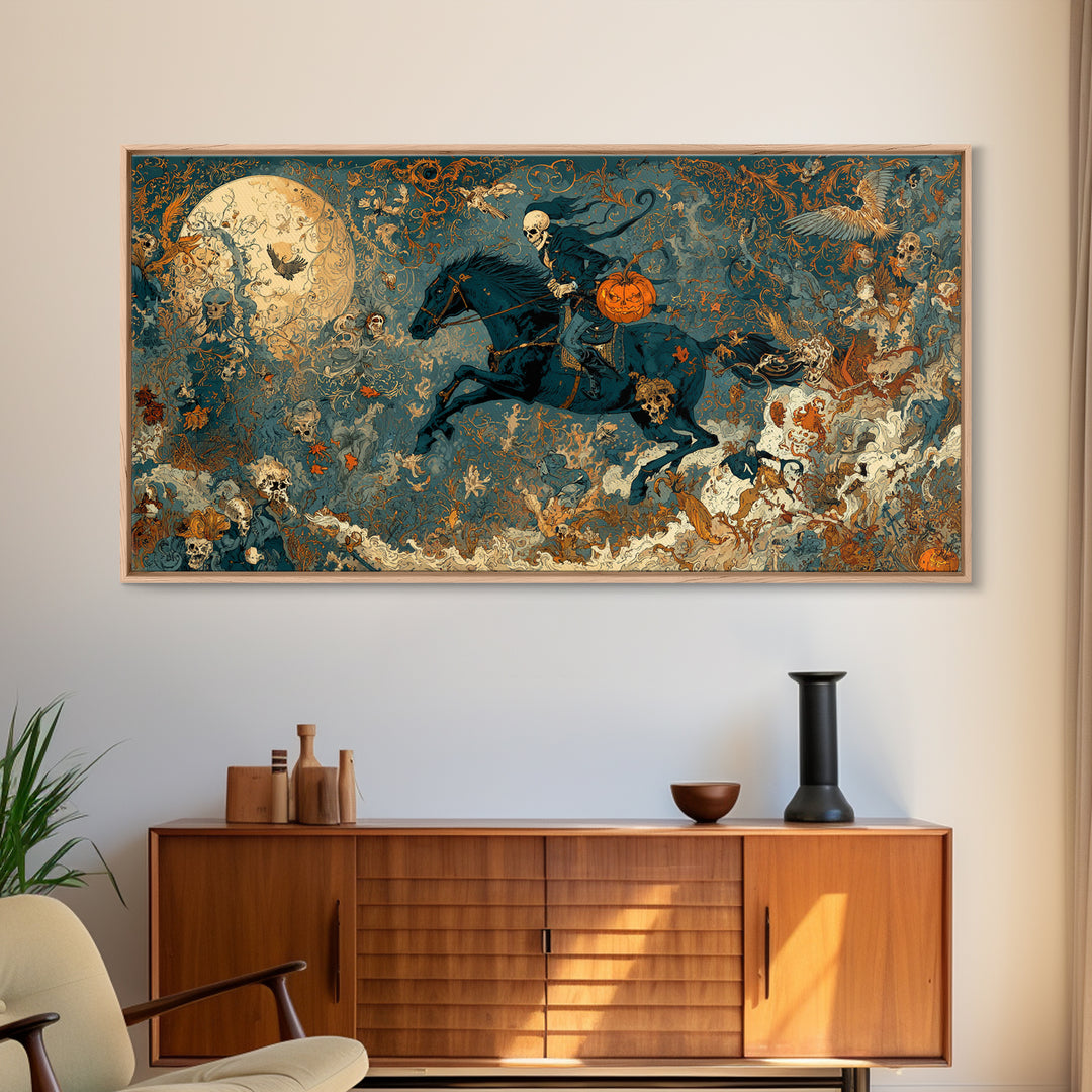 The Headless Horseman, Grotesque Carnival Art, Wide Panoramic Art, Dark Halloween Decor, Canvas Print, Halloween Wall Art
