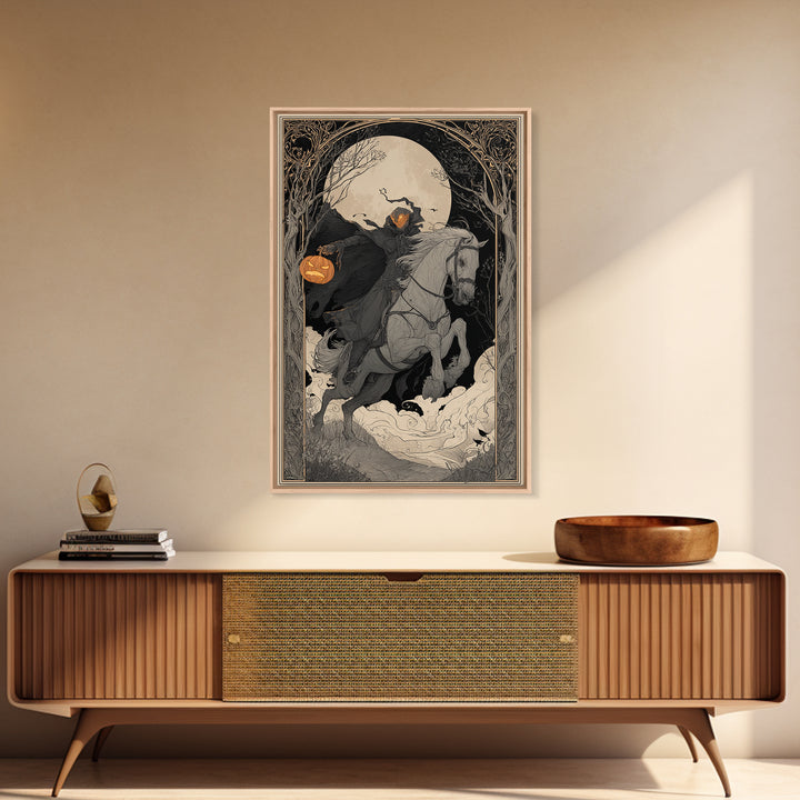 The Headless Horseman, Decadent Line Art, Vertical Wall Art, Gothic Horror Wall Art, Framed Canvas Print, Halloween Wall Art