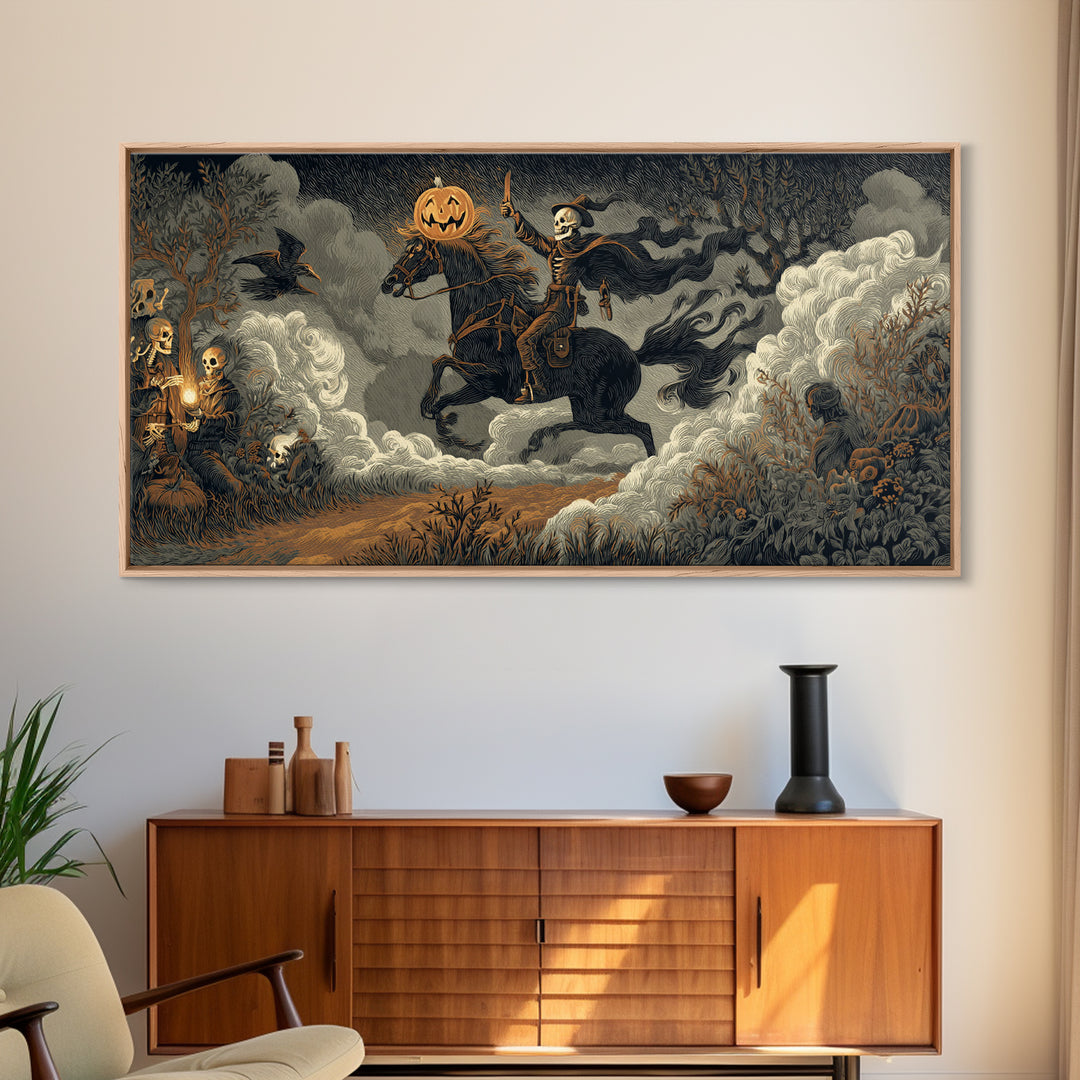 The Headless Horseman, Macabre Folk Print Art, Wide Panoramic Art, Gothic Horror Wall Art, Framed Canvas Print, Macabre Wall Art