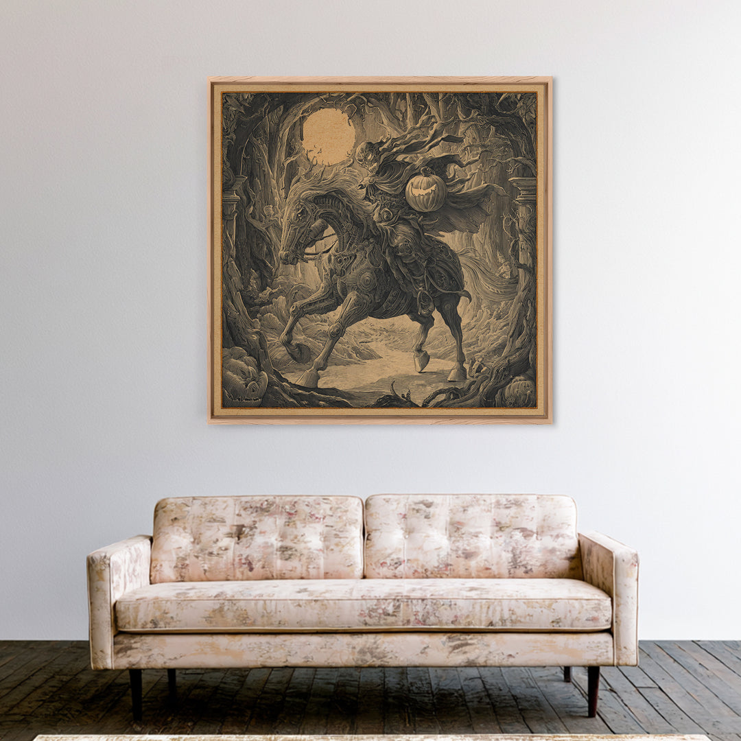The Headless Horseman, Biomechanical Horror Art, Square Wall Art, Gothic Horror Wall Art, Framed Canvas Print, Halloween Wall Art