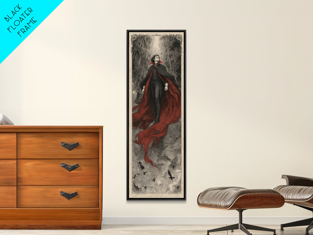 The Crimson Vampire, Gothic Engraving Art, Tall Narrow Wall Art, Dark Halloween Decor, Framed Canvas Print, Halloween Wall Art