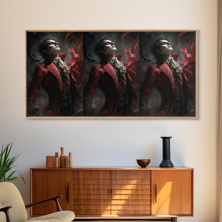 The Crimson Vampire, Apocalyptic Romantic Art, Wide Panoramic Art, Dark Halloween Decor, Framed Canvas Print, Halloween Wall Art