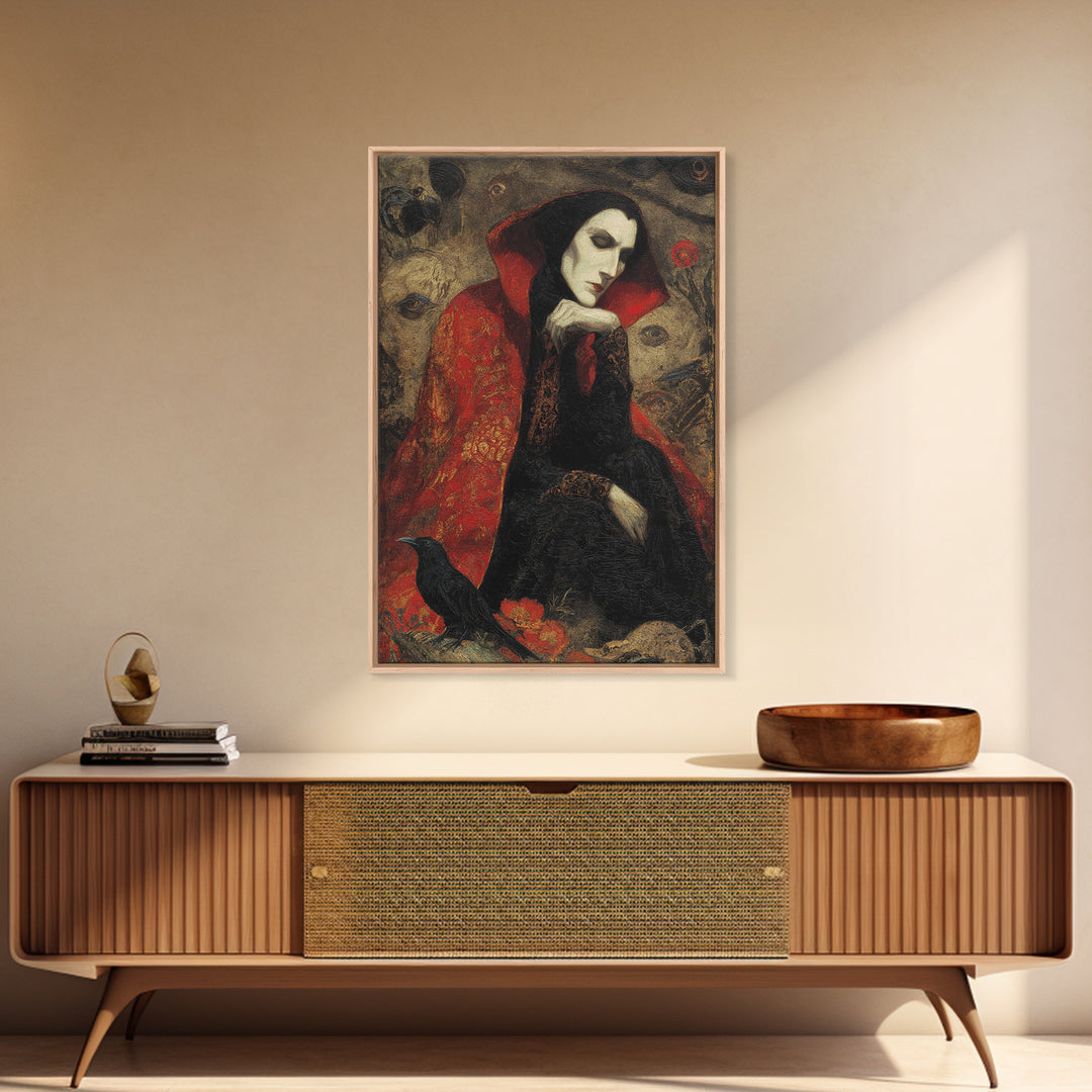 The Crimson Vampire, Symbolist Dream Art, Vertical Wall Art, Macabre Wall Art, Framed Canvas Print, Halloween Wall Art