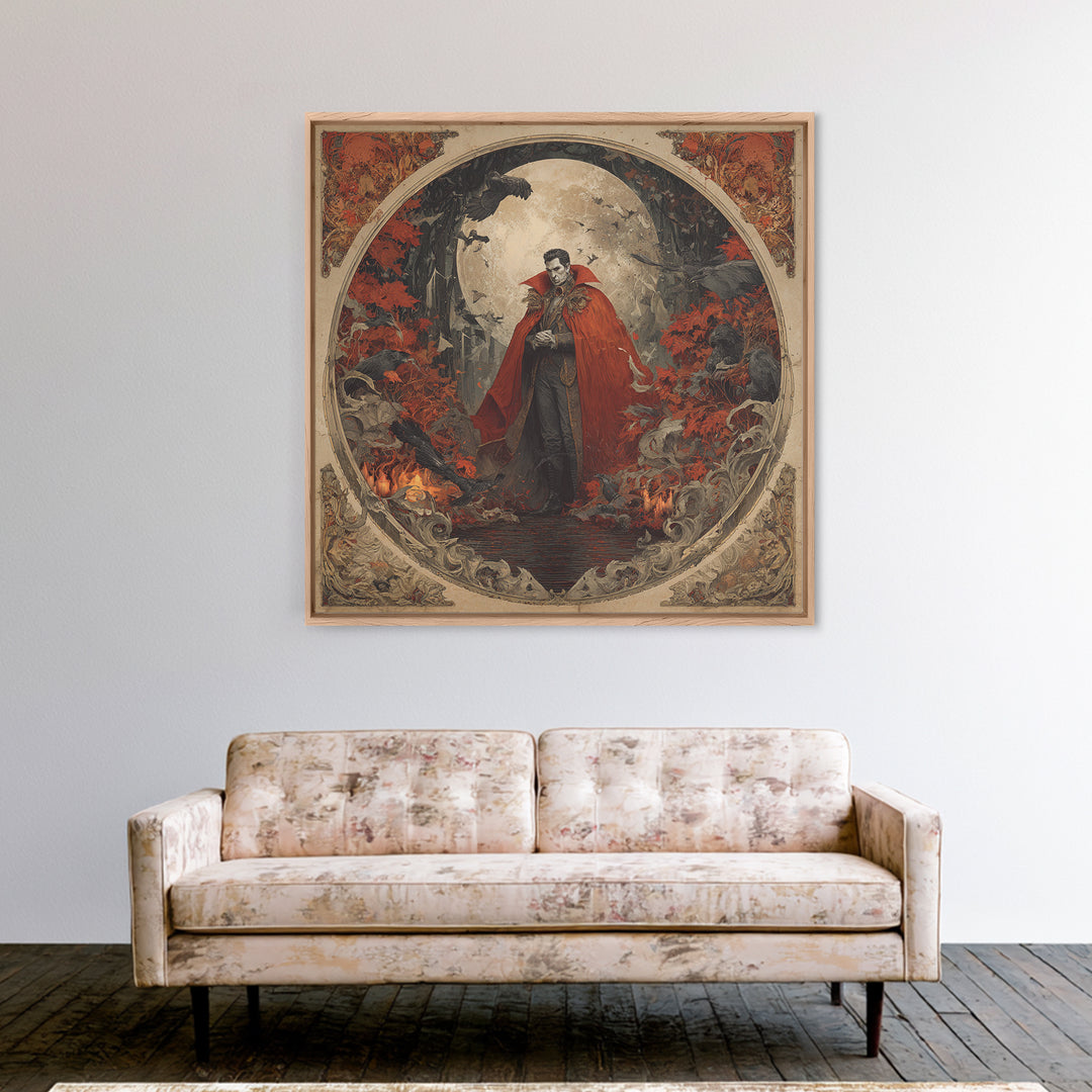 The Crimson Vampire, Symbolist Gothic Landscape, Square Wall Art, Dark Halloween Decor, Framed Canvas Print, Halloween Wall Art