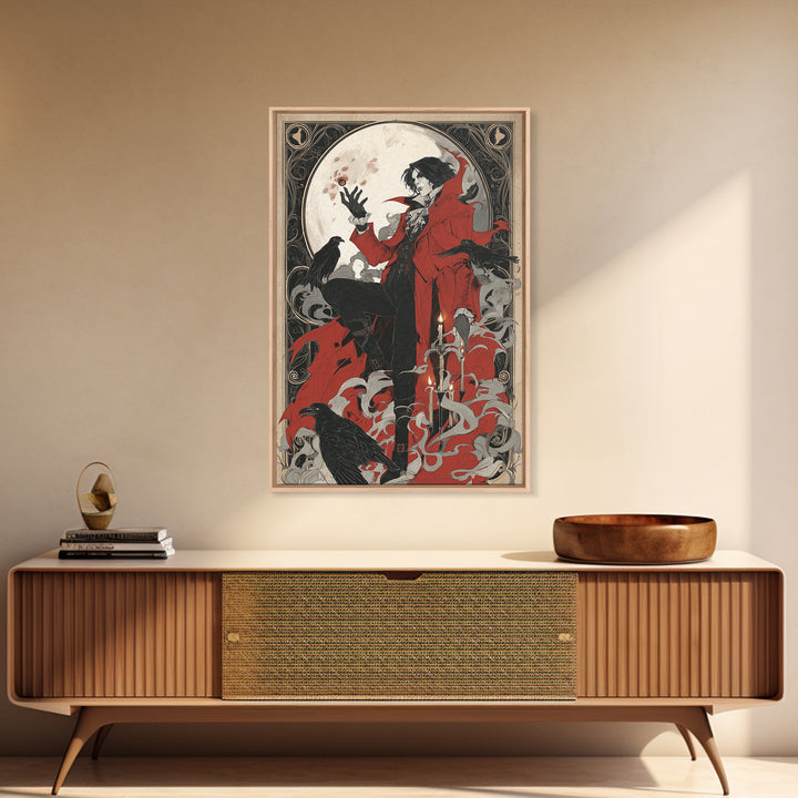 The Crimson Vampire, Decadent Line Art, Vertical Wall Art, Dark Fantasy Wall Art, Framed Canvas Print, Halloween Wall Art