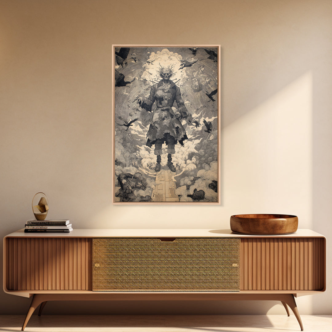 The Stitched Giant, Symbolist Etching Art, Vertical Wall Art, Dark Halloween Decor, Canvas Print, Halloween Wall Art, Dark Fantasy Art