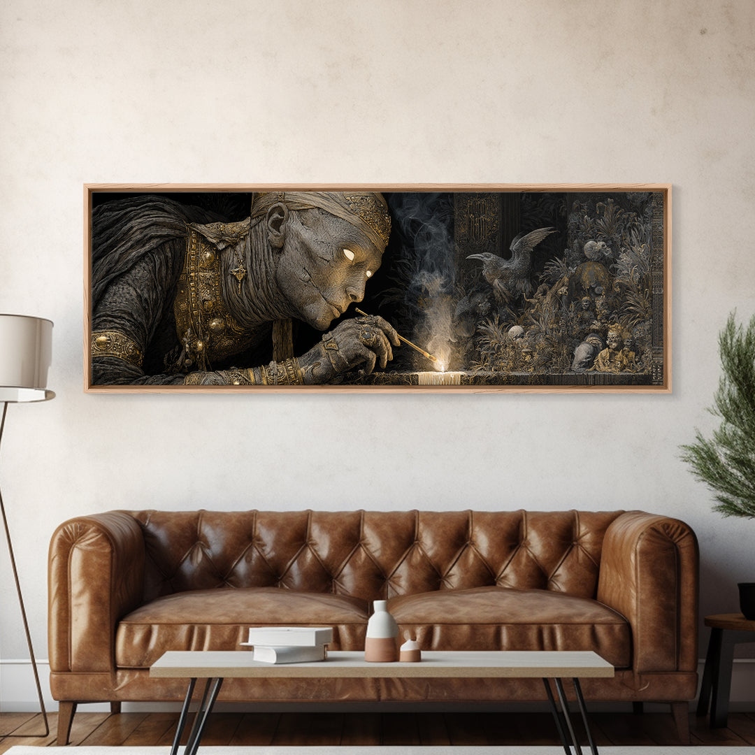 The Mummy Pharaoh, Medieval Grotesque Art, Extra Wide Wall Art, Dark Fantasy Wall Art, Canvas Print, Halloween Wall Art
