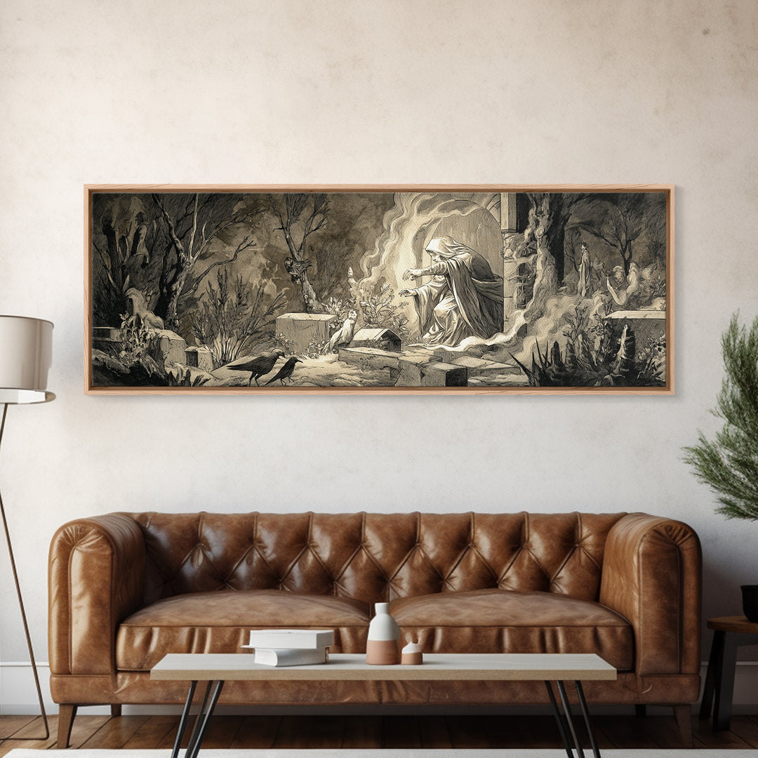 The Graveyard Ghost, Medieval Grotesque Art, Extra Wide Wall Art, Gothic Horror Wall Art, Canvas Print, Halloween Wall Art