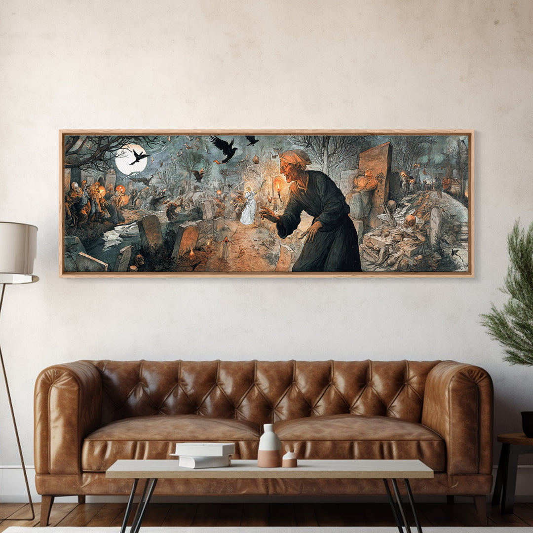 The Graveyard Ghost, Northern Renaissance Horror, Extra Wide Wall Art, Macabre Wall Art, Canvas Print, Halloween Wall Art