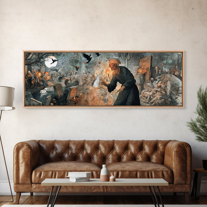 The Graveyard Ghost, Northern Renaissance Horror, Extra Wide Wall Art, Macabre Wall Art, Canvas Print, Halloween Wall Art