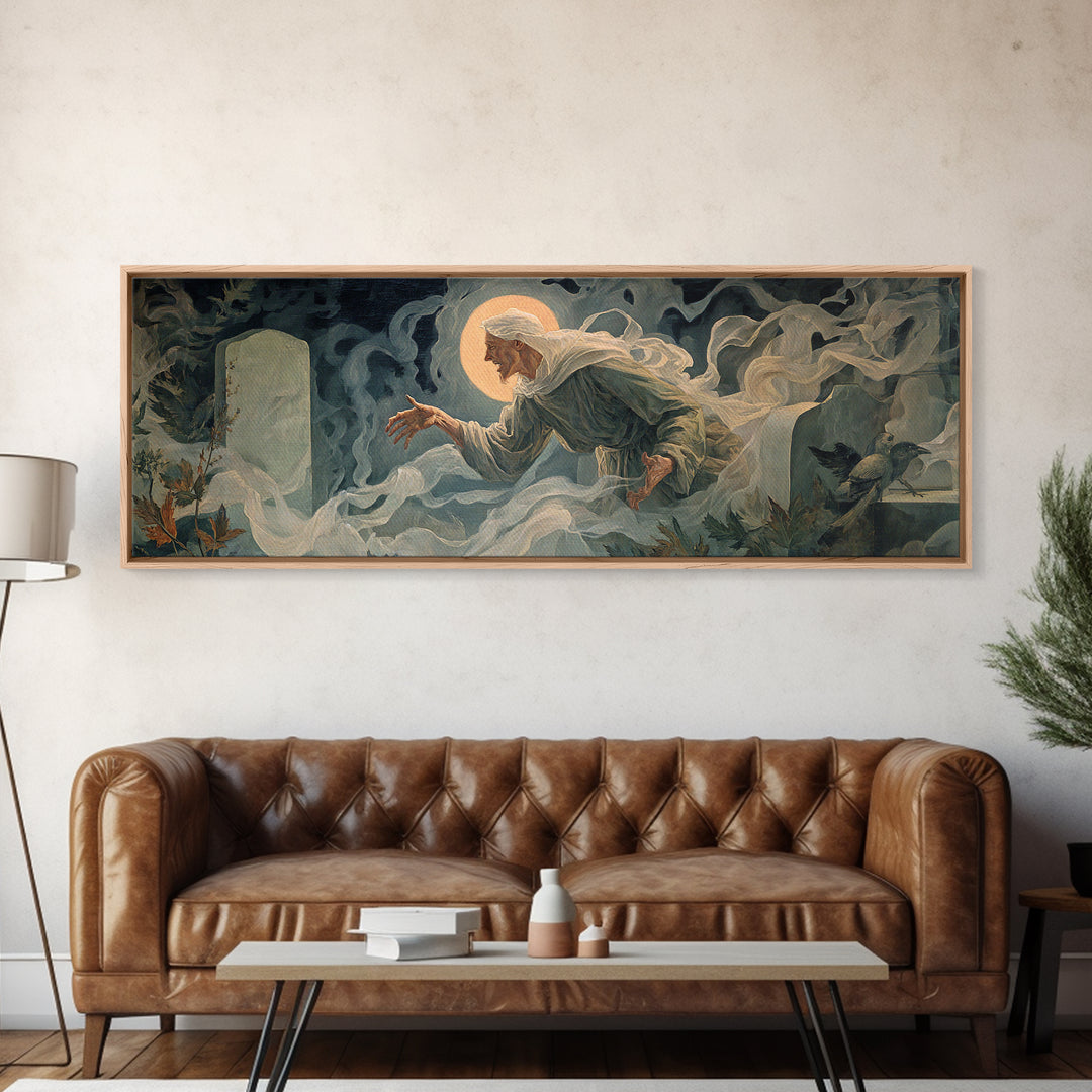 The Graveyard Ghost, Dark Renaissance Art, Extra Wide Wall Art, Dark Halloween Decor, Canvas Print, Halloween Wall Art