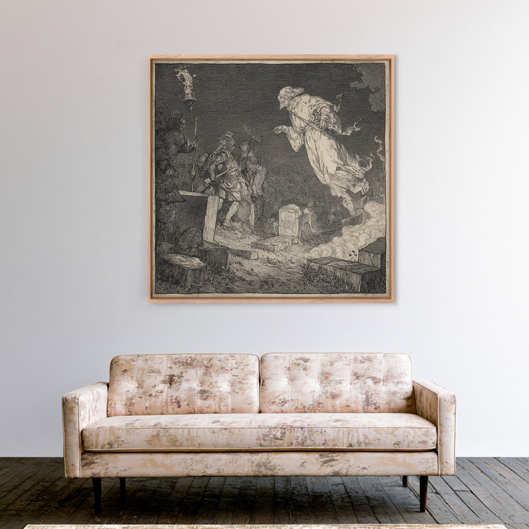 The Graveyard Ghost, Renaissance Engraving Art, Square Wall Art, Gothic Horror Wall Art, Canvas Print, Halloween Wall Art
