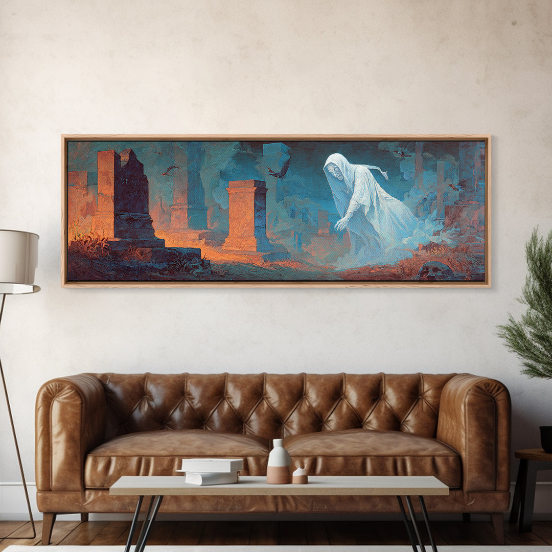 The Graveyard Ghost, Apocalyptic Romantic Art, Extra Wide Wall Art, Dark Halloween Decor, Canvas Print, Halloween Wall Art, Dark Fantasy Art