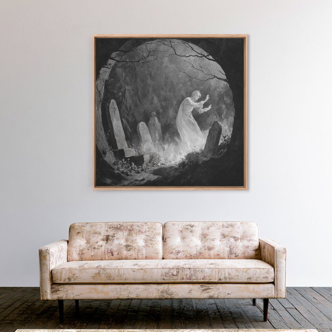 The Graveyard Ghost, Symbolist Dream Art, Square Wall Art, Dark Halloween Decor, Framed Canvas Print, Halloween Wall Art