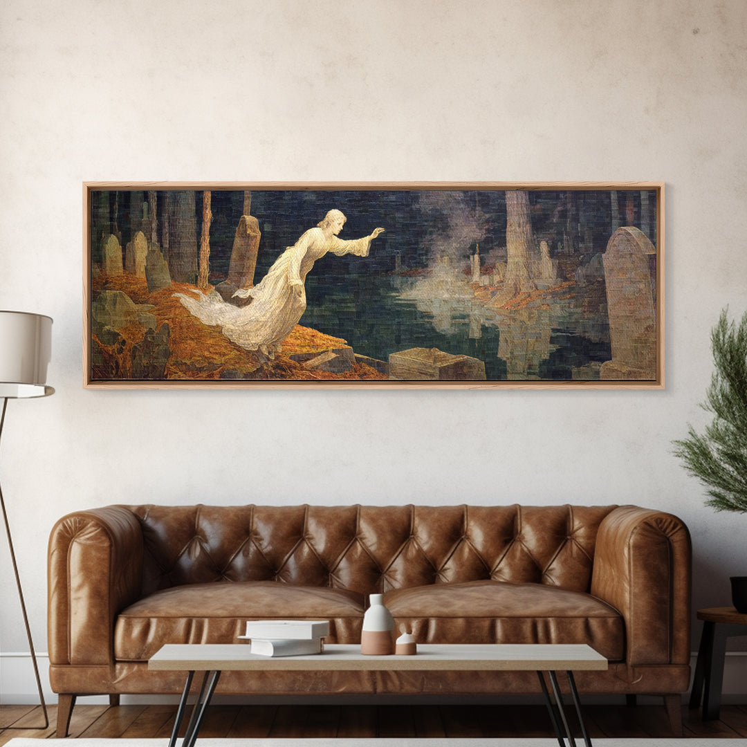 The Graveyard Ghost, Symbolist Gothic Landscape, Extra Wide Wall Art, Dark Fantasy Wall Art, Framed Canvas Print, Halloween Wall Art