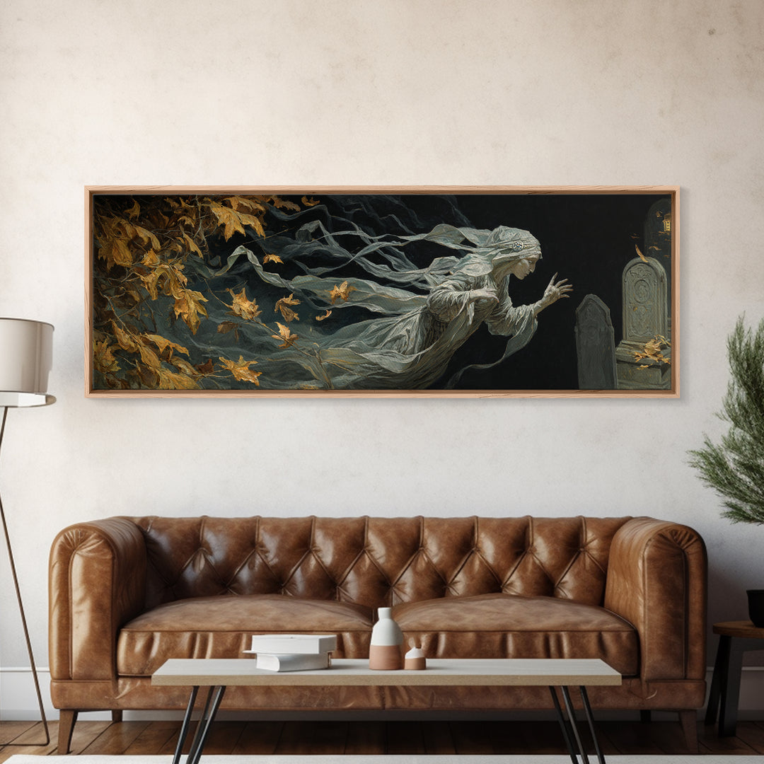 The Graveyard Ghost, Ornate Symbolist Art, Extra Wide Wall Art, Dark Fantasy Wall Art, Framed Canvas Print, Halloween Wall Art