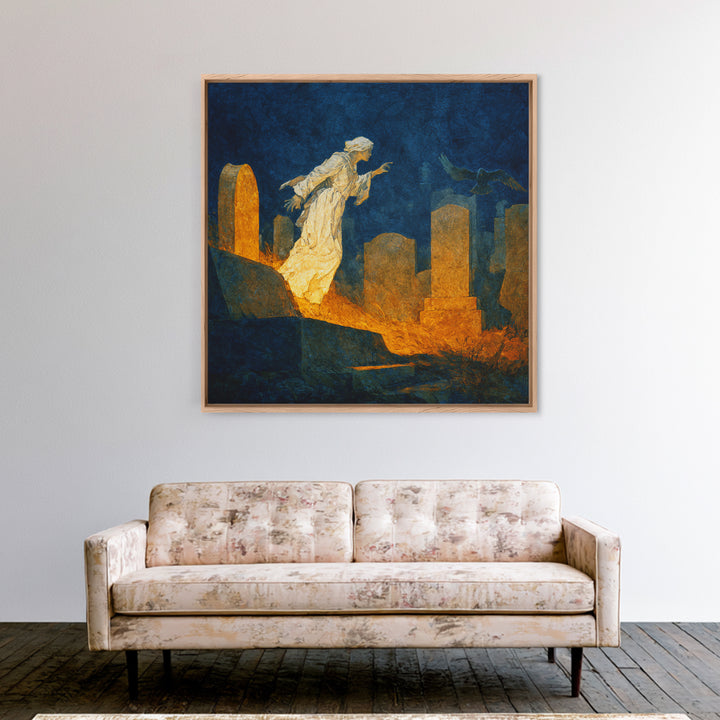 The Graveyard Ghost, Dark Symbolist Art, Square Wall Art, Gothic Horror Wall Art, Framed Canvas Print, Halloween Wall Art