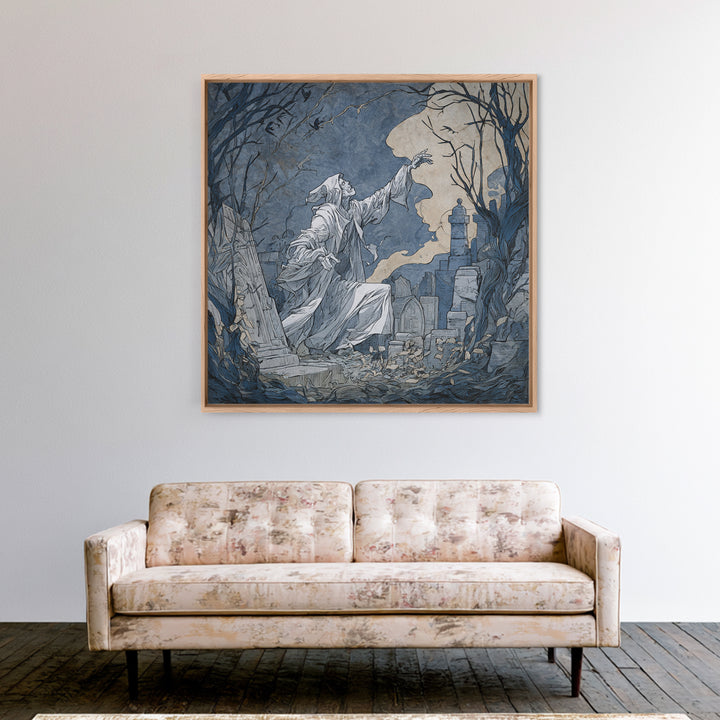 The Graveyard Ghost, Symbolist Etching Art, Square Wall Art, Macabre Wall Art, Framed Canvas Print, Halloween Wall Art, Gothic Home Decor