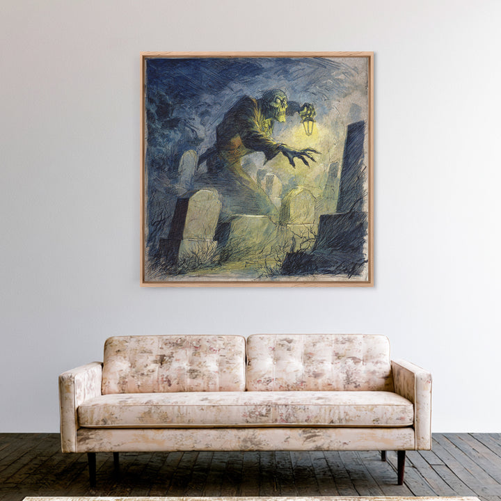 The Graveyard Ghost, Expressionist Nightmare Art, Square Wall Art, Dark Halloween Decor, Framed Canvas Print, Halloween Wall Art