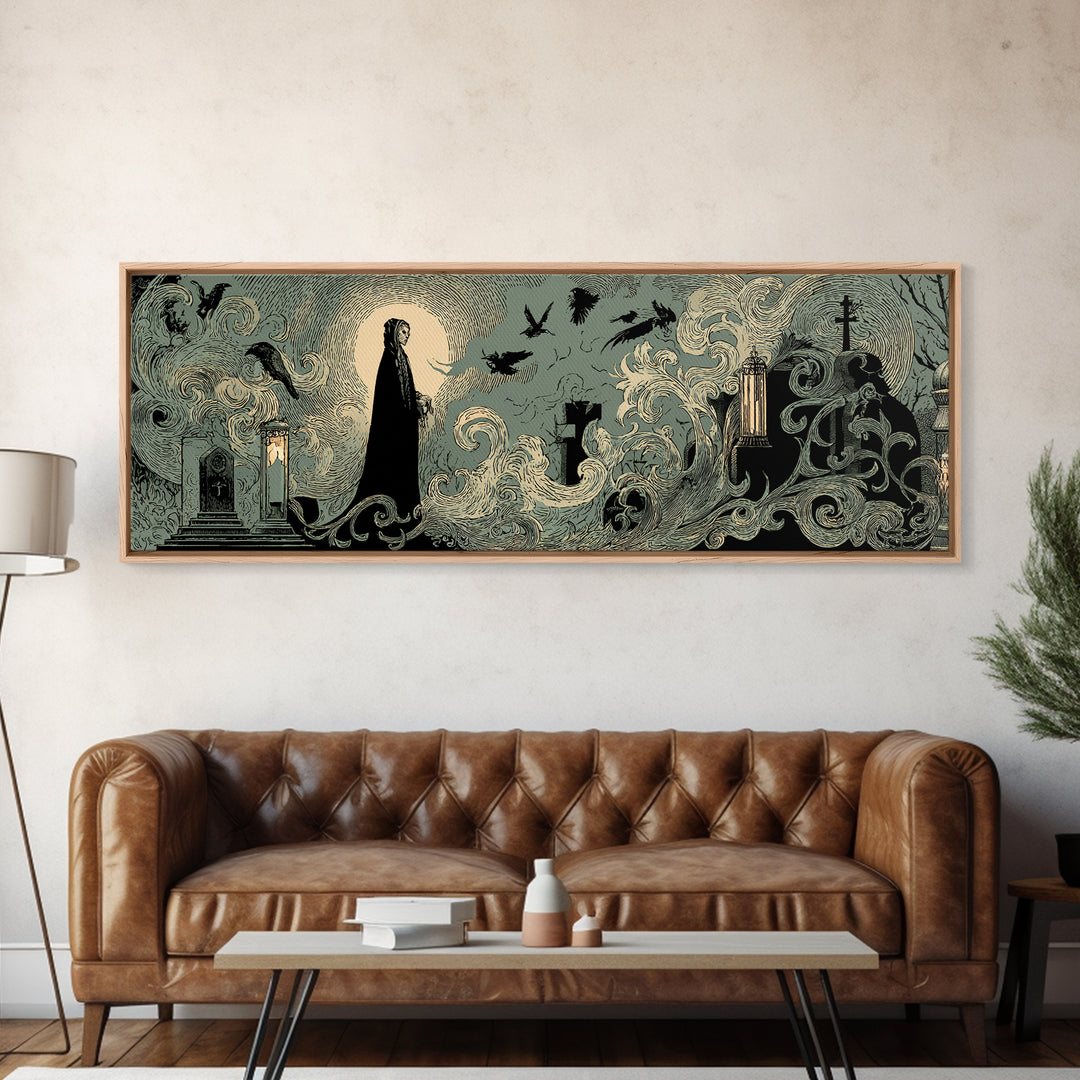 The Graveyard Ghost, Decadent Line Art, Extra Wide Wall Art, Dark Fantasy Wall Art, Framed Canvas Print, Halloween Wall Art
