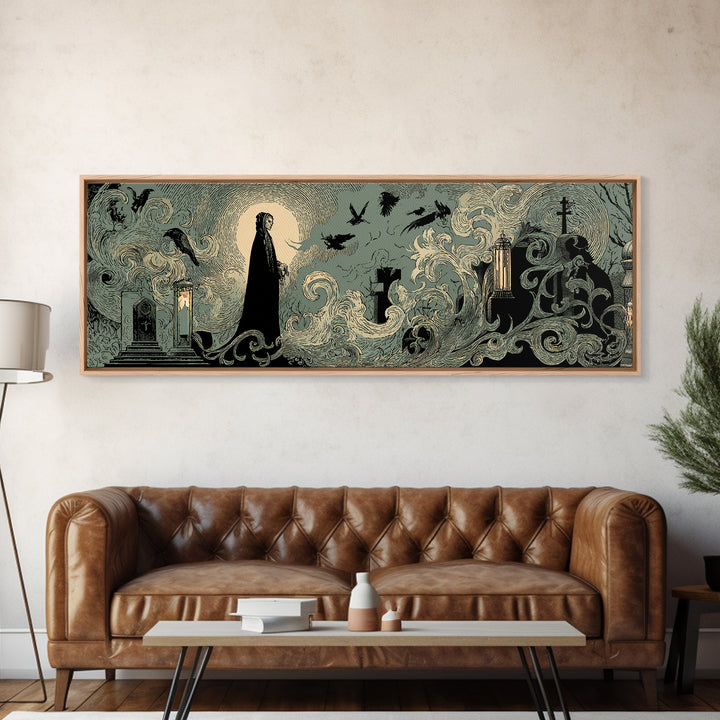 The Graveyard Ghost, Decadent Line Art, Extra Wide Wall Art, Dark Fantasy Wall Art, Framed Canvas Print, Halloween Wall Art