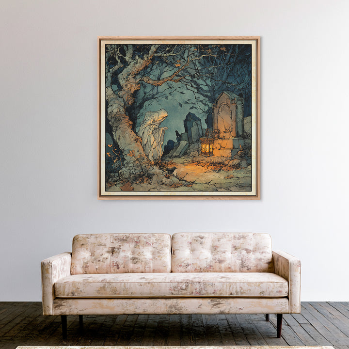 The Graveyard Ghost, Gothic Storybook Art, Square Wall Art, Dark Fantasy Wall Art, Canvas Print, Halloween Wall Art