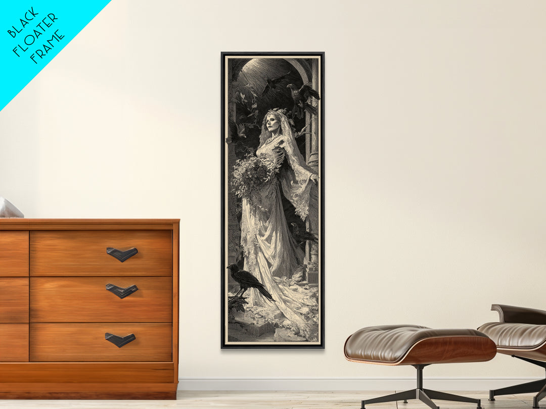 The Skeletal Bride, Gothic Engraving Art, Tall Narrow Wall Art, Gothic Horror Wall Art, Canvas Print, Halloween Wall Art
