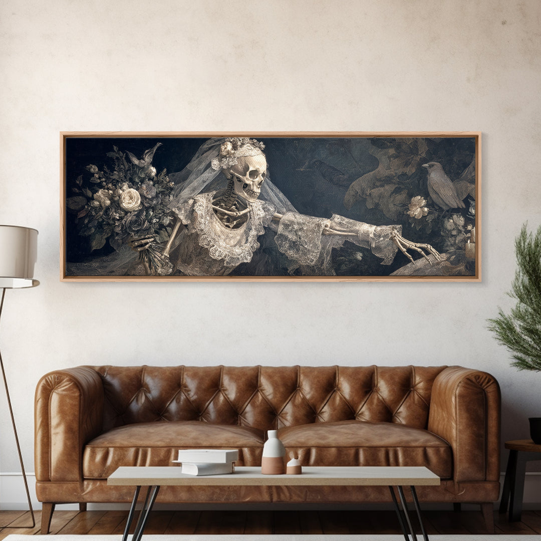 The Skeletal Bride, Medieval Grotesque Art, Extra Wide Wall Art, Dark Fantasy Wall Art, Framed Canvas Print, Halloween Wall Art