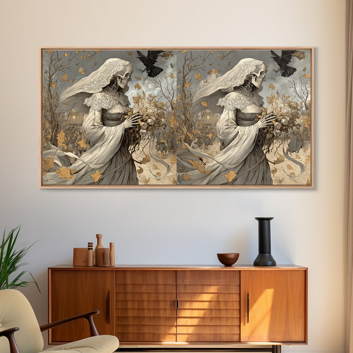 The Skeletal Bride, Northern Renaissance Horror, Wide Panoramic Art, Dark Fantasy Wall Art, Canvas Print, Halloween Wall Art