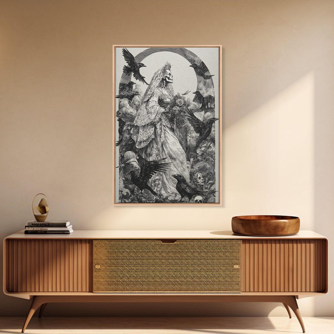 The Skeletal Bride, Renaissance Engraving Art, Vertical Wall Art, Macabre Wall Art, Framed Canvas Print, Halloween Wall Art
